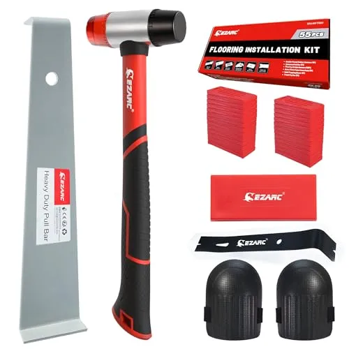 EZARC Vinyl Verlegeset Bodenverlegewerkzeuge, Werkzeugset für Laminatböden, mit doppelseitigem Holzhammer, schwerer Zugstange, Anschlagblock, Abziehstange und 50 Abstandshaltern für den Boden.