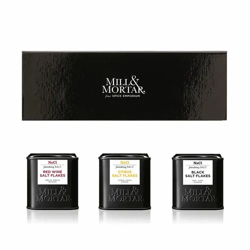 Mill & Mortar Finishing Salz - River Salt - 3er Set - Geschenkbox - Geschenkset mit handgeernteten Finishing Salzen aus Spanien: Zitrus-, schwarze und Rotwein-Salzflocken, ideal für Feinschmecker und kreative Küchen.