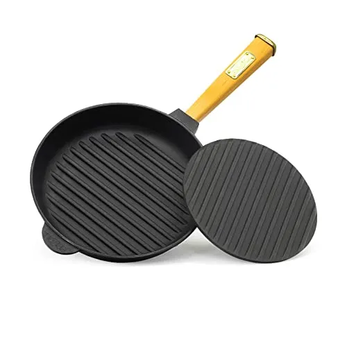 Ø26cm Gusseisen Grillpfanne mit Pressdeckel - Pfanne für alle Herdarten, ideal zum Braten, Schmoren und Kochen. Die dickwandige Bauweise sorgt für optimale Hitzeverteilung und eine natürliche Patina ohne Schadstoffe.