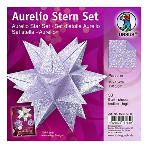 Ursus 15865500 - Faltblätter Aurelio Stern Passion, helllila / silber, 33 Blatt, aus Shimmer Papier 110 g/qm, ca. 15 x 15 cm, durchgefärbt, Vorderseite mit Veredelung, ideal als Weihnachtsdeko
