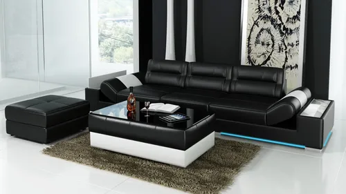 Ledersofa Sofa Couch Garnitur 3+3 Sitzer L6001C - Moderne Wohnlandschaft mit Bettfunktion und LED-Beleuchtung. Ideal für mehr als 4 Personen, in stilvollem Schwarz. Hochwertige Materialien sorgen für langlebigen Komfort.