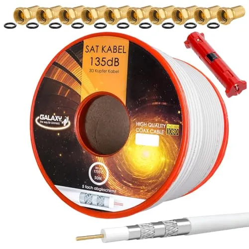HB-DIGITAL SET 50m Koaxial SAT Kabel 135db Weiß + 10x F-Stecker vergoldet + 1x Abisolierer | CU Reines Kupfer Satellit Antennenkabel 5-Fach geschirmt für DVB-S/S2 -C/C2 -T/T2 DAB+ Radio BK Anlagen