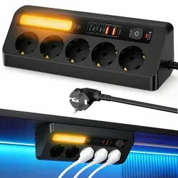 KUGI Tischsteckdosenleiste 9-in-1 mit USB-Anschlüssen - Praktische Ecksteckdosenleiste mit 5 Steckdosen und 4 USB-Ports für schnelles Laden. Kompaktes Design für Wand- oder Tischmontage, ideal für Büro und Zuhause. Sicherer Betrieb dank Überspannungsschutz und Touch-Nachtlicht.