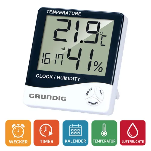 Grundig Wetterstation digital Uhr Wecker Thermometer Hygrometer Timer Weiß Blau