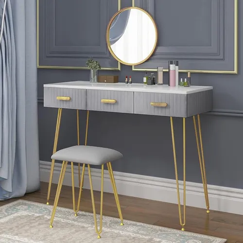 WOLTU Schminktisch mit Hocker und Spiegel - Moderner Schminktisch in Grau mit großzügiger Tischplatte (100x40cm) und drei Schubladen für optimalen Stauraum. Stabiler Hocker mit weicher Polsterung sorgt für Komfort während Ihrer Beauty-Routine.