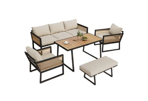 Odikalo Gartenlounge-Set Garten-Essgruppe Loungesessel Set 5-tlg Gartenmöbel Hocker Esstisch