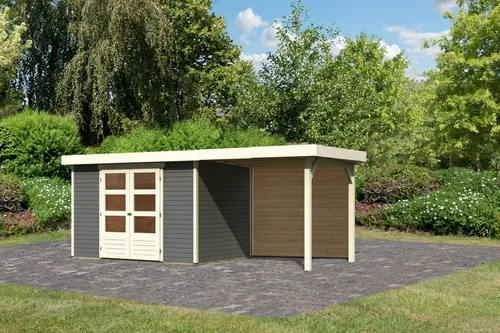 Karibu Gartenhaus Gerätehaus Askola 4 im Set mit Anbaudach 2,40 m Breite und 19 mm Rückwand terragrau 522x217x211 cm