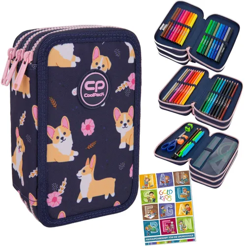 Gefüllte 3-Fach Federmappe HUND - Federmappen & Schlamperrollen, praktische 3-Fach Federtasche mit buntem Hundedesign, ideal für Schule und Hausaufgaben.