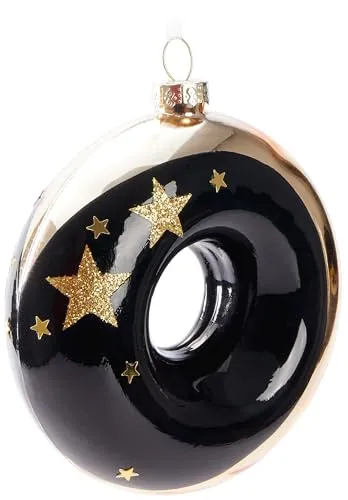 BRUBAKER Premium Weihnachtskugel Donut - Sterne Gold und Schwarz - 10 cm Baumkugel aus Glas - Handbemalter Christbaumschmuck Anhänger - Luxus Weihnachtsdeko Christbaumkugel