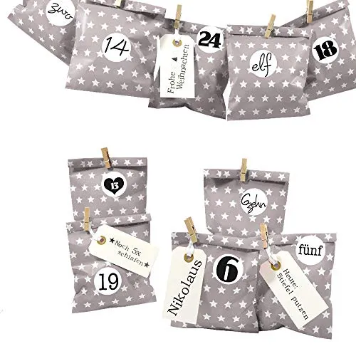Frau WUNDERVoll® DIY Adventskalender zum Befüllen Bescherung: Set Stern 119, Papiertueten flach 13x16,5cm, Taupe Stern, Ziffern schwarz-weiß