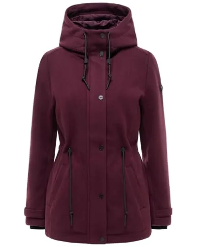 Navahoo Damen Übergangsmantel in Wollmantel-Optik mit Taillenzugkordeln und Kapuze - Lächelstern 14 Wine, Gr. XXL - Vielseitiger Übergangsmantel in eleganter Wollmantel-Optik. Weiches Material, feminine Passform und praktische Kapuze machen ihn zum idealen Begleiter für die Übergangszeit.