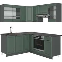 Vicco Winkelküche Fame-Line, Grün-Gold Landhaus/Anthrazit, 160 x 190 cm - Küchenzeile mit L-Form, bietet flexiblen Stauraum und praktische Soft-Close-Scharniere für leises Schließen. Ideal für moderne Küchen mit Stil und Funktionalität.