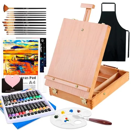 UCAMP Acrylfarbe Set für Künstler-44 teilige Malset,Tischstaffelei Box,mit 24 Acrylfarben, 12er Pinselset,Spachtelmesser und Mixpalette,A4-Ölgemäldebuch + 2* weißes Zeichenbrett,Schürze