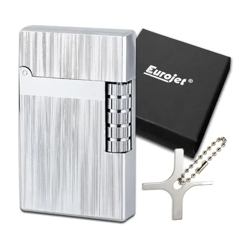 Feuerzeug | Farbe: Chrom (Gebürstet) | Stand Flamme | Reibrad | Set Edles Desgin Gas Marken Feuerzeug + Coumo Justier Werkzeug | Geschenkverpackung | Material: Metall