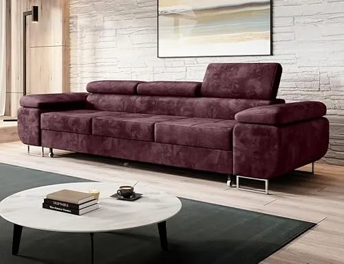 Easy4You Schlafsofa Norberg - 279 cm - Velour Kastanienbraun - 3 Sitzer Sofa - Werstellbare Kopfstützen - Couch mit Schlaffunktion - Stoff: Monolith M-69