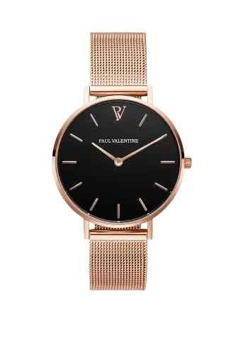 Paul Valentine Quarzuhr PEARL ROSE GOLD MESH - Elegante Damenuhr mit rosegoldenem Edelstahl-Gehäuse und schwarzem Zifferblatt, wasserdicht bis 5 bar – der perfekte Begleiter für jeden Anlass.