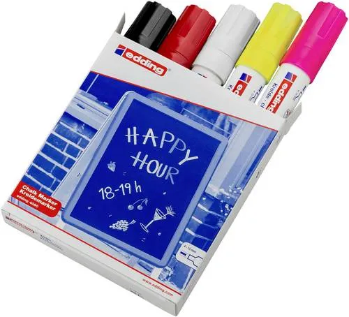 Edding 4090 Kreidemarker - 4 Farben, 4 mm & 15 mm - Schreibutensilien: Kreidemarker edding 4090 mit gut deckender, geruchsneutraler Flüssigkreide auf Wasserbasis, ideal für kreative Gestaltungen auf Fenstern und Tafeln.