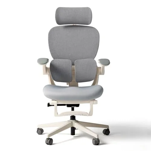 HINOMI Q2 Ergonomischer Bürostuhl mit Lendenwirbelstütze, verstellbarem Kopfstütze, Mesh-Sitz, klappbaren Armlehnen, neigbar mit Fußstütze, stilvolles Modell für Home Office & Studium (Grau)