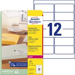 Avery Zweckform L4772-25 Etiketten transparent, 300 Stück - Adressetiketten in transparenter Ausführung, wetterfest und reißfest. Ideal für Kopierer und Drucker, mit QuickPeel-Abziehhilfe für müheloses Handling. Made in Germany.
