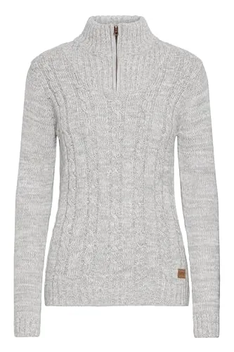 OXMO OXPhepe Damen Troyer Strickpullover Pullover mit Troyerkragen Label-Badge Rippbündchen 100% Baumwolle Regular fit, Größe:XS, Farbe:LIG Grey M (798242)