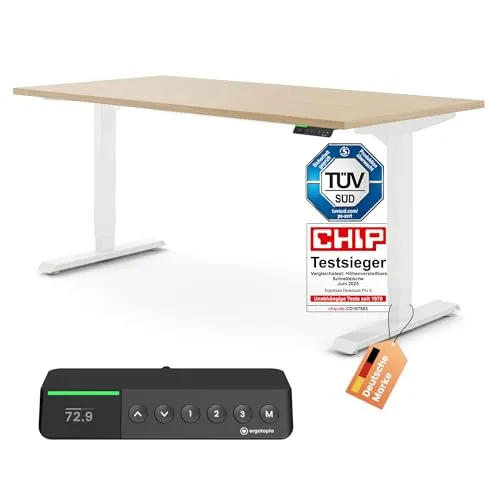 Ergotopia Desktopia Pro X Elektrisch höhenverstellbarer Schreibtisch - Ergonomischer Stehtisch mit flüsterleisen Motoren, stufenlos höhenverstellbar von 62,5 bis 125 cm. Ideal für Büro und Home Office, fördert eine dynamische Arbeitsweise und steigert die Produktivität.
