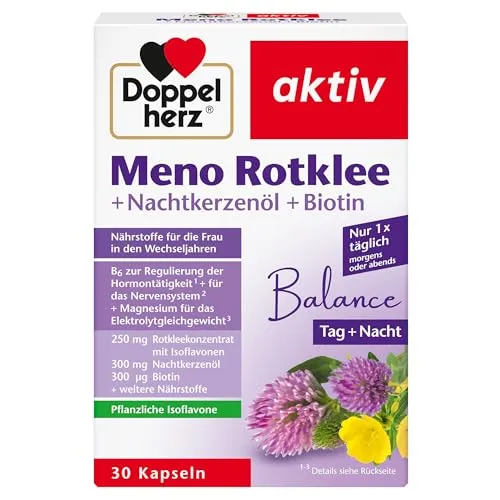Doppelherz Meno Rotklee+nachtkerzenöl+biotin Kapsel - Nahrungsergänzungsmittel für Frauen in den Wechseljahren, unterstützt Haut, Haar und Nägel mit wertvollen Isoflavonen, Biotin und Zink für mehr Wohlbefinden.