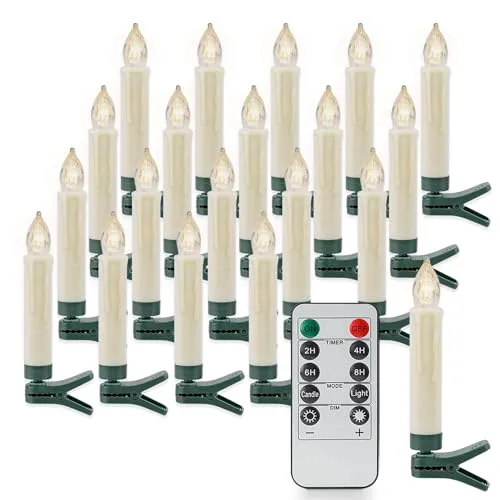 Rhytsing 20er Christbaumkerzen Led Kabellos mit Fernbedienung, Lichterkette für Weihnachtsbaum mit Timer Dimmbar in Warmweiß, IP44 Spritzwassergeschützt