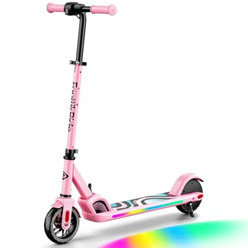 FanttikRide C9 Pro Elektroroller für Kinder 8-12 Jahren, Bunte Regenbogenlichter, 8/12/16 km/h, 8KM Reichweite, LED-Anzeige, Höhenverstellbar, Faltbar, für Jungen und Mädchen Rosa