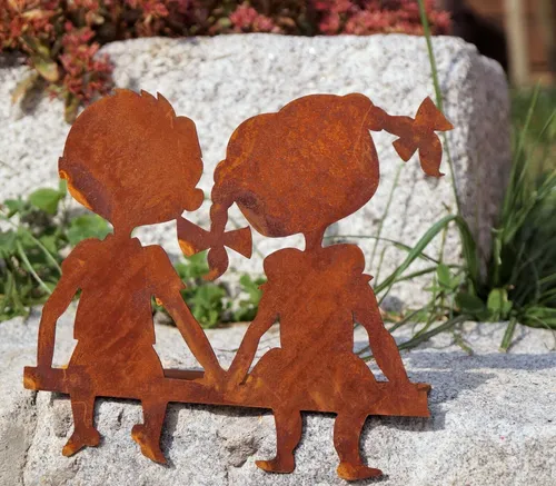 Edelrost Kantenfigur Kinderpärchen 20 x 18 cm Figur Garten Dekoration