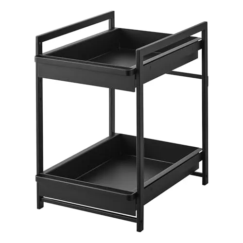 Yamazaki Spülschrank-Regal, Schwarz, Metall - Elegantes Küchenregal mit zwei ausziehbaren Ebenen, ideal zur Aufbewahrung von Töpfen und Gewürzen. Stabil und stilvoll, perfekt für jedes Zuhause.