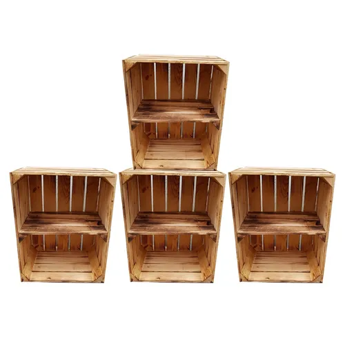 Obstkiste Holzkiste Regal Holzregal 4er SET - Boxen für stilvolle Aufbewahrung, handgefertigt aus geflammtem Holz, an der Wand montierbar und ideal für Bücher oder Deko.