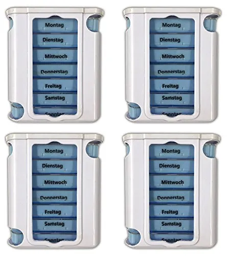 4x Pillendose mit 7 Boxen inkl. Pillenteiler - Persönlicher Tabletten-Organizer mit 4 Pillenboxen, ideal für die pünktliche Einnahme Ihrer Medikamente. Praktische Abteilungen für jeden Tag und ein Pillenteiler für einfache Dosierung.