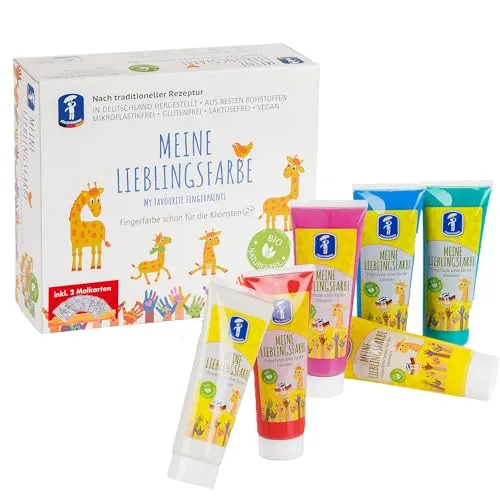 Feuchtmann Fingerfarbe MEINE LIEBLINGSFARBE Set mit Malkarten - Hautfreundliche, vegane Fingerfarbe auf Wasserbasis für kreative Kinder ab 2 Jahren. In 6 Farben, leicht auswaschbar und allergikerfreundlich – ideal für unbeschwertes Malen!