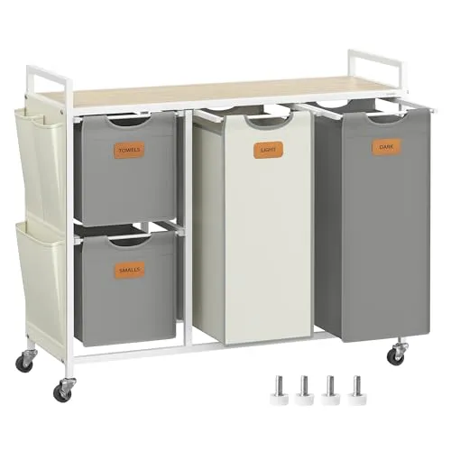 VASAGLE Wäschekorb, Wäschesammler, Wäschesortierer, Rollen, Wäschewagen mit Ablage, kleine seitliche Taschen, 6 Etiketten, 4 Fächer, 150 L, naturbeige-taubengrau-cremeweiß BLH203G01