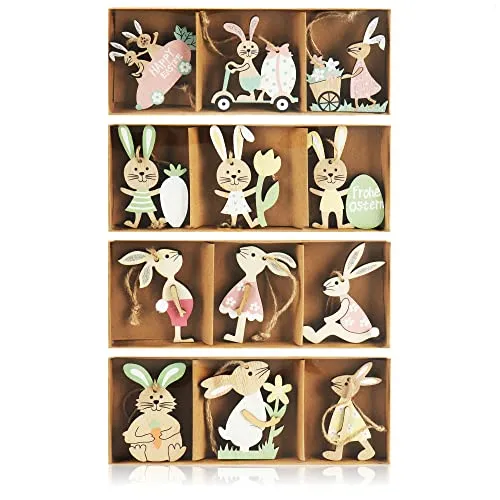 com-four® 12x Dekoaufhänger Hase - Osterschmuck aus Holz zum Aufhängen - Holzaufhänger Hasen zum Dekorieren - Ostern (12 Stück - Osterhasen 2)