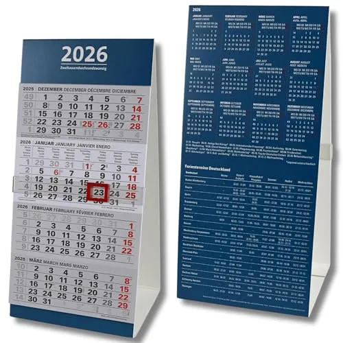 Tischkalender 2026 - 4 Monate Bürokalender für den Schreibtisch - Moderner 4-Monatskalender für 2026, ideal für Büro und Home Office. Bietet eine klare Übersicht über aktuelle und kommende Monate mit stabiler Aufstellfläche und praktischen Extras wie Jahresübersicht und Ferientermine.