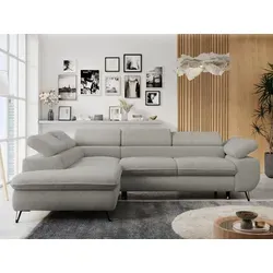 MKS MEBLE Ecksofa Grau - L-Form mit Schlaffunktion und Bettkasten - Sofa mit hochelastischem HR-Schaum für optimalen Komfort, verstellbaren Kopfstützen und praktischem Bettkasten, ideal für gemütliche Abende und zusätzlichen Stauraum.