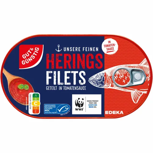 Gut&Günstig Heringsfilets in Tomatensauce 200g Dose - Fisch- & Meeresfrüchtekonserven, zarte Heringsfilets in würziger Tomatensauce – ideal für schnelle und schmackhafte Gerichte.