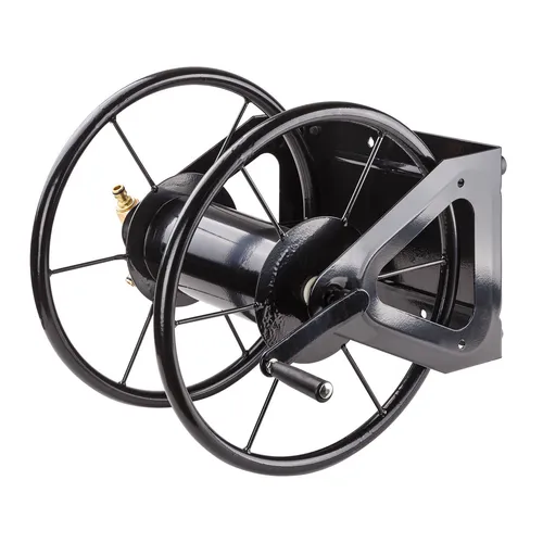 DEMA Metall Schlauchtrommel mit Wandhalter und Bodenbefestigung - Robuste Schlauchtrommel aus Metall für bis zu 60 m Schlauch, ideal für Garten und Werkstatt. Inklusive Heringen für sichere Bodenbefestigung und hochwertiger Messinganschlüsse.