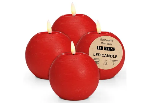 matches21 HOME & HOBBY LED-Kerze LED Kerze Kugeln 4er Set Wachs, Flackernde Flamme, Ø 10x9, Rot (4-tlg), Praktisch mit Fernbedienung & Timerfunktion