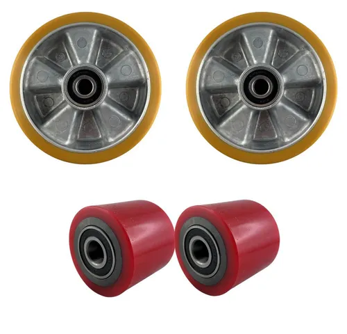 OSWALD Transportgeräte Gabelhubwagen Räder- und Rollen-Satz Polyurethan - Hochwertiger Ersatzrollen-Satz für Gabelhubwagen. Bestehend aus 2 lenkbaren und 2 Lastrollen aus Polyurethan, ideal für unterschiedliche Untergründe. Abriebfest und geräuscharm, für ein müheloses Handling.