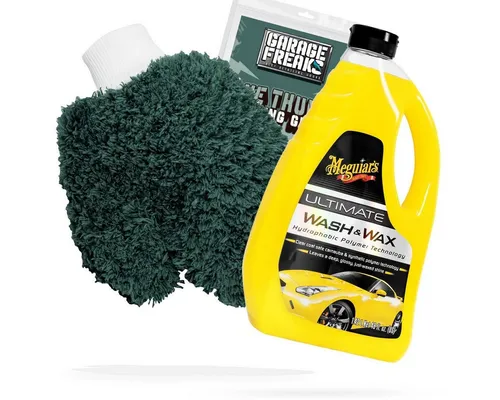 detailmate Auto Waschhandschuh Waschset mit Meguiars Autoshampoo - Autopflege Set mit sanftem Waschhandschuh und Meguiars Ultimate Wash & Wax, das den Glanz und die Schutzwirkung des Lacks verlängert. Ideal für eine schonende Handwäsche von Auto, Motorrad und Fahrrad.