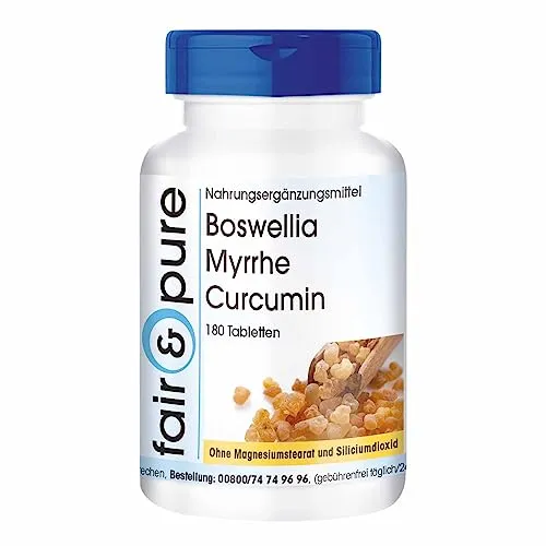 Fair & Pure Boswellia Myrrhe Curcumin mit Vitamin D3, 180 Tabletten, Weihrauch Extrakt, Nahrungsergänzungsmittel ohne Magnesiumstearat, in Deutschland hergestellt
