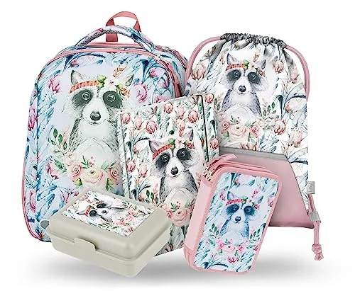 Baagl Schulranzen Mädchen Set 5 Teilig, Shelly Hartschalen Schultasche ab 1. Klasse, Ergonomische Grundschule Ranzen mit Brustgurt (Waschbär)