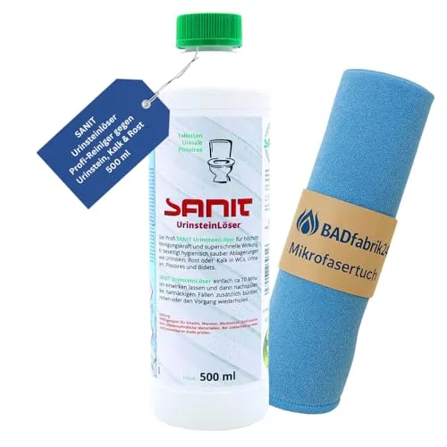 BADfabrik24 Sanit Urinsteinlöser 1 x 500 ml mit Mikrofasertuch 40 x 40 cm gegen Urinstein, Kalk und Rost für WC, Urinal, Bidet und Waschbecken