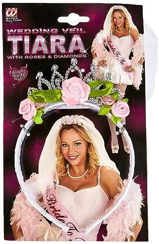W WIDMANN MILANO Party Fashion 07063 - Tiara mit Brautschleier, mit Rosen und Diamanten, Kopfschmuck, Haarreifen, Junggesellinnenabschied, Accessoire, Kostümzubehör, Mottoparty Karneval
