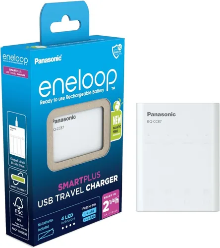 Panasonic Akku-Ladegerät Eneloop BQ-CC87 Travel - 4 Ladeschächte für AA/AAA Akkus, mobil mit USB-Anschluss und LED-Ladezustandsanzeige