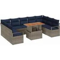 vidaXL Garten-Sofa-Set mit Kissen 10-tlg. Grau und Marineblau - Modulares Garten-Sofa-Set aus wetterfestem Poly-Rattan, ideal für entspannte Stunden im Freien. Mit cleverem Stauraum und abnehmbaren Kissen für einfachen Komfort. Perfekt für jeden Außenbereich!