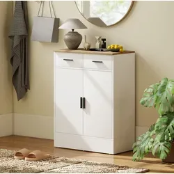 Sideboard Holz/spanplatte Weiß-naturholzoptik 68,6x35x90,3 Cm Mit 2 Schubladen, Schrank Und Verstellbarem Regal