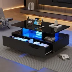 Merax Hochglanz-Couchtisch mit LED – Eleganter Beistelltisch - Moderne Couchtische mit integriertem LED-Licht und 2 Schubladen für praktischen Stauraum. Ideal für Wohnzimmer und Leseecken, schafft eine gemütliche Atmosphäre.